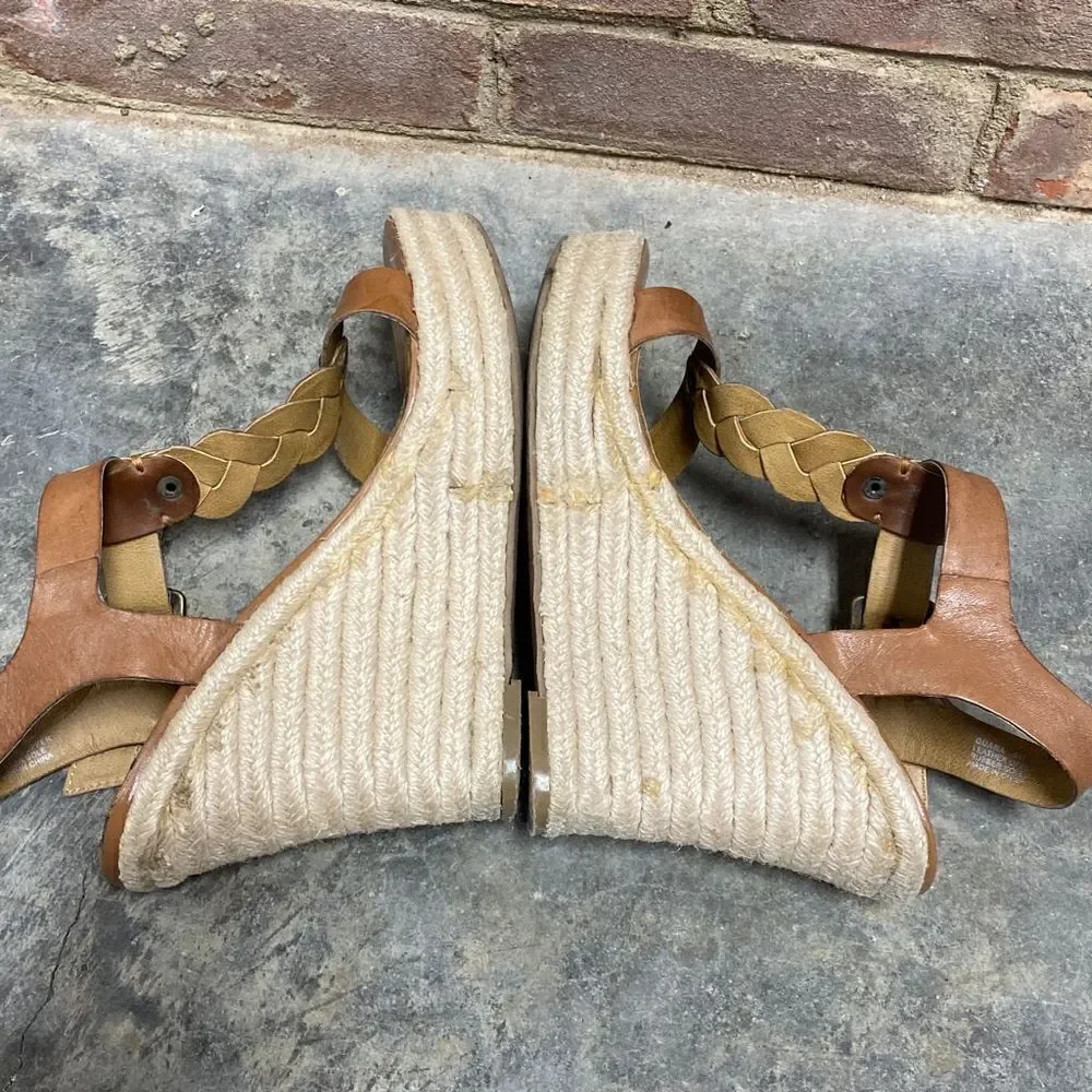 Zodiac Quana Saddle Tan Leather Espadrille Wedge Sandal Size 8